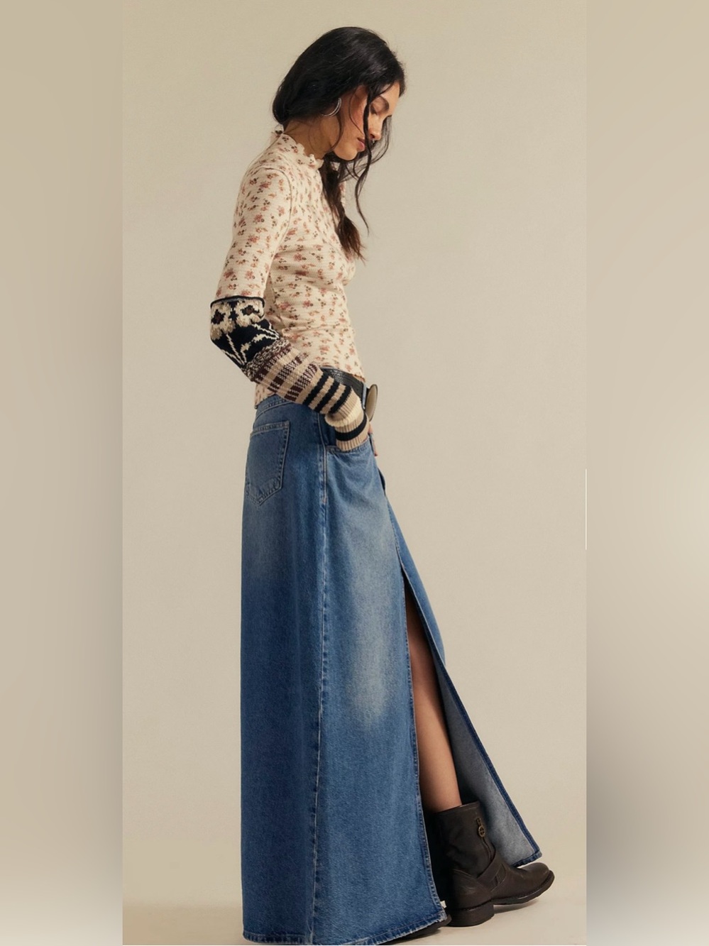 Free People We The Free Denim Maxi Skirt Size 28 Boho Western Cottage Y2K Praire